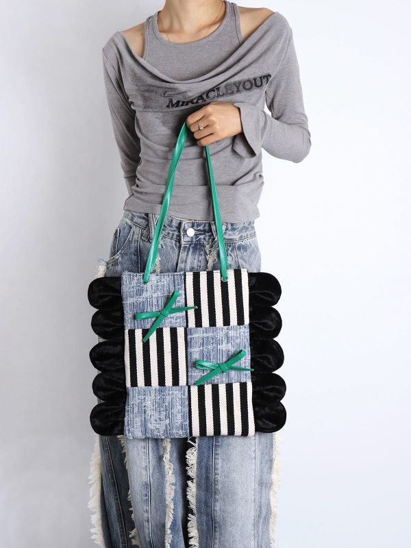 Large Capacity Color-Block Floral Shoulder Bag with Bow - 2024 Autumn/Winter Trendy Tote for Chic Style
