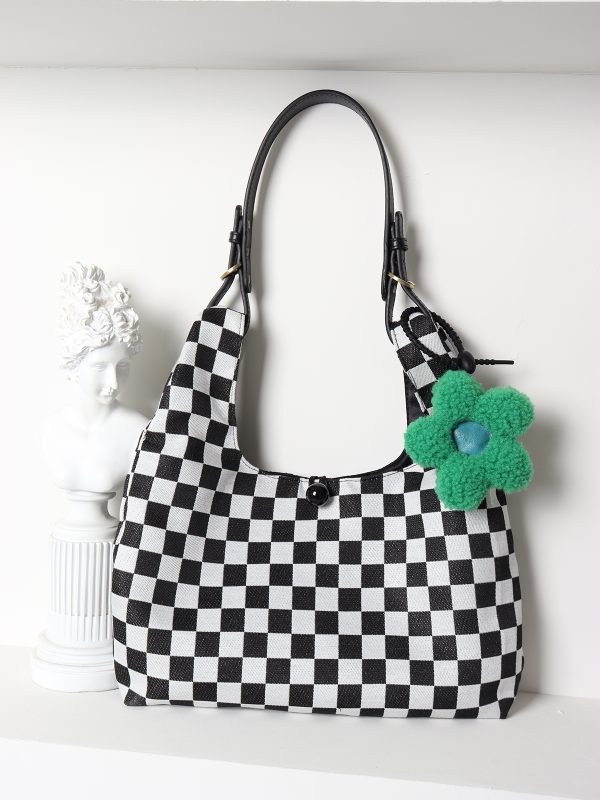 Large Capacity Flower Checkerboard Tote Bag for Women - Versatile Shoulder Bag for Class, Commuting, and Spring Outings