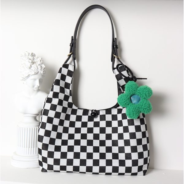 Large Capacity Flower Checkerboard Tote Bag for Women - Versatile Shoulder Bag for Class, Commuting, and Spring Outings