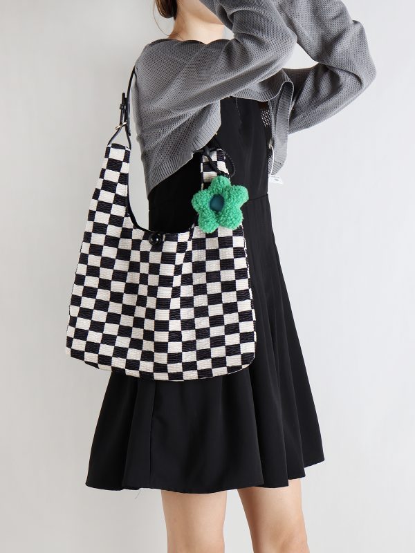 Large Capacity Flower Checkerboard Tote Bag for Women - Versatile Shoulder Bag for Class, Commuting, and Spring Outings