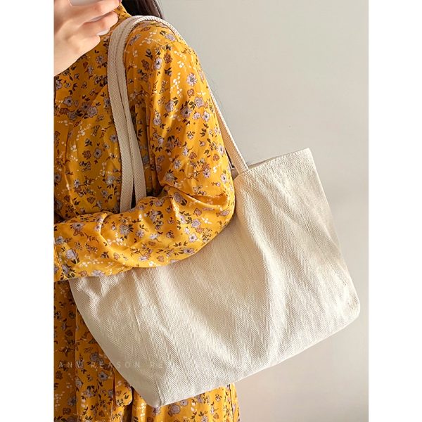 Large Capacity Korean Style Diagonal Stripe Canvas Tote Bag for Women - Casual Commuting Shoulder Bag