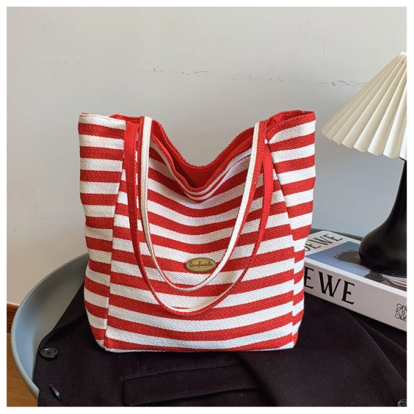 Large Capacity Minimalist Striped Canvas Tote Bag for Women - Ins Literary Lazy Style Spring/Summer Shoulder Bag