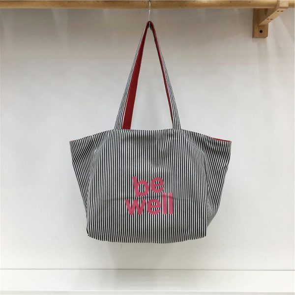 Large Capacity Striped Canvas Shoulder Bag - Double-Sided Fabric, Korean Style Casual Tote for Spring/Summer 2025