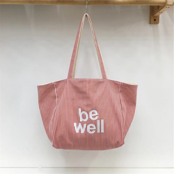 Large Capacity Striped Canvas Shoulder Bag - Double-Sided Fabric, Korean Style Casual Tote for Spring/Summer 2025