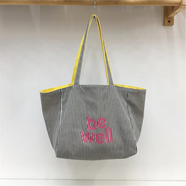 Large Capacity Striped Canvas Shoulder Bag - Double-Sided Fabric, Korean Style Casual Tote for Spring/Summer 2025