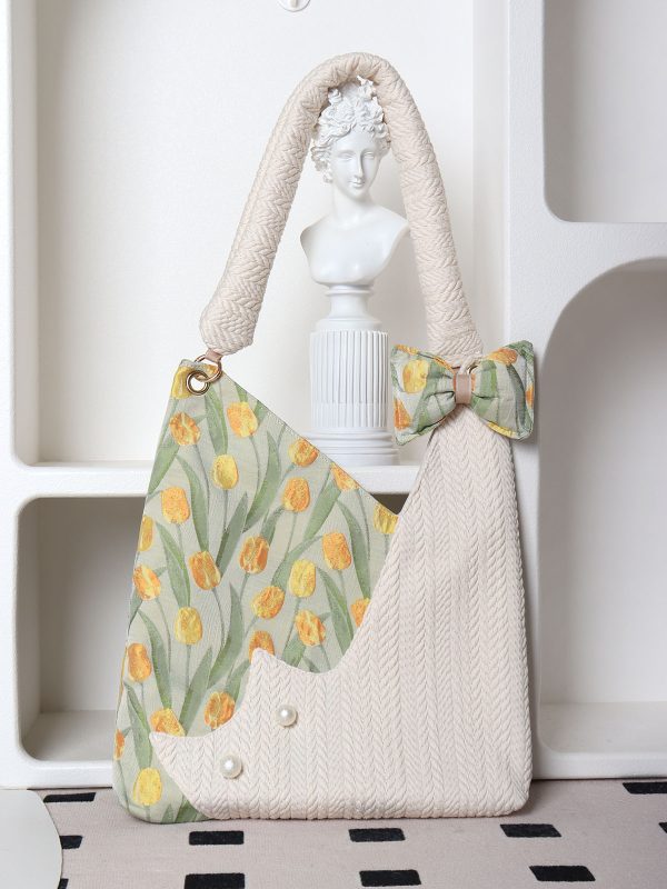Large Capacity Tulip Cat Tote Bag - Cute Niche Design for Spring, Stylish Shoulder Crossbody Bag