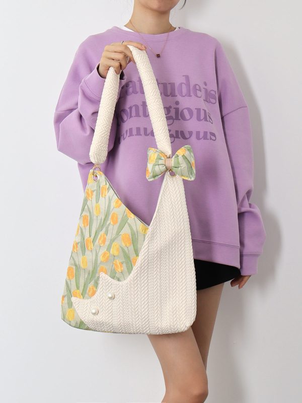 Large Capacity Tulip Cat Tote Bag - Cute Niche Design for Spring, Stylish Shoulder Crossbody Bag