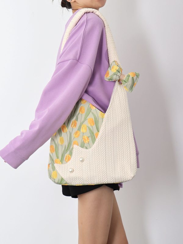 Large Capacity Tulip Cat Tote Bag - Cute Niche Design for Spring, Stylish Shoulder Crossbody Bag