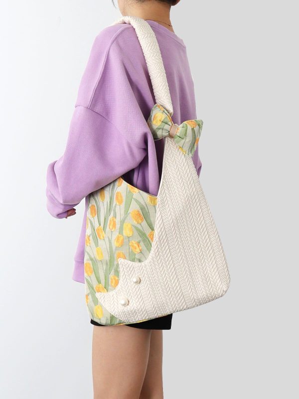 Large Capacity Tulip Cat Tote Bag - Cute Niche Design for Spring, Stylish Shoulder Crossbody Bag