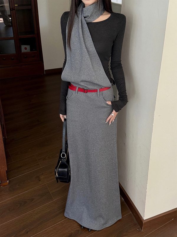 Layered Fake Two-Piece Long Sleeve Halter Dress for Women - Autumn Winter Wasteland Style, Waist-Defined, Boho Chic Fashion