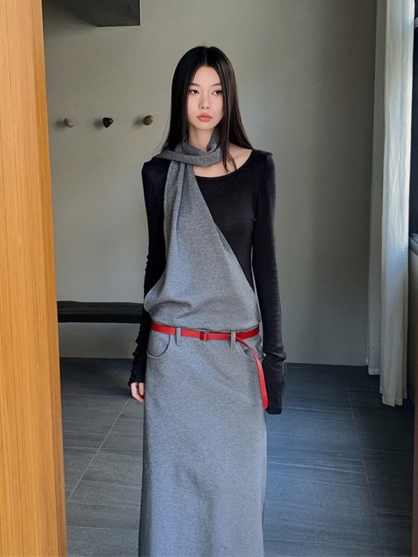 Layered Fake Two-Piece Long Sleeve Halter Dress for Women - Autumn Winter Wasteland Style, Waist-Defined, Boho Chic Fashion