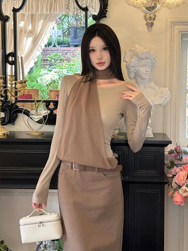 Layered Fake Two-Piece Long Sleeve Halter Dress for Women - Autumn Winter Wasteland Style, Waist-Defined, Boho Chic Fashion