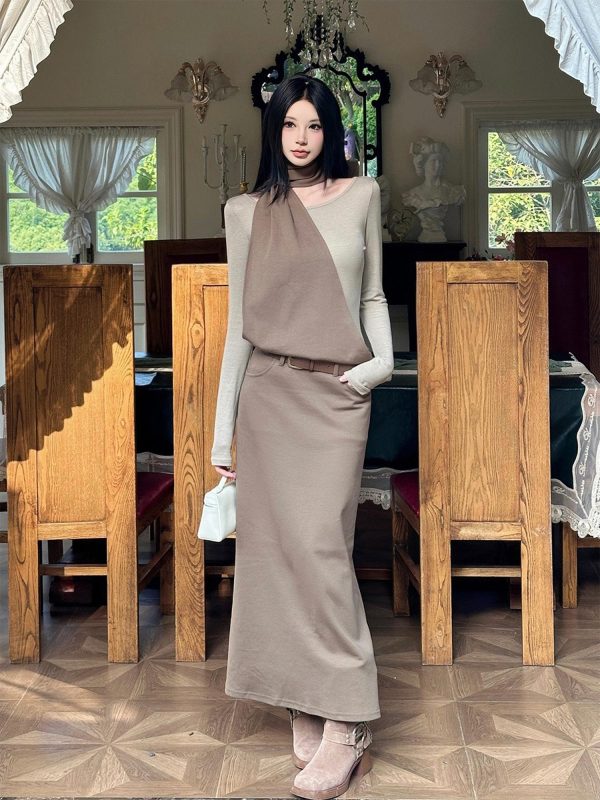 Layered Fake Two-Piece Long Sleeve Halter Dress for Women - Autumn Winter Wasteland Style, Waist-Defined, Boho Chic Fashion