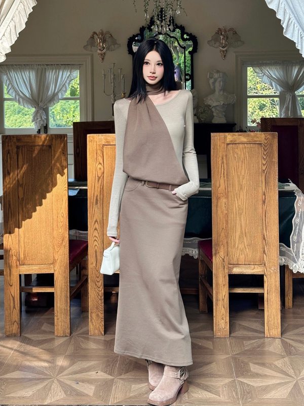 Layered Fake Two-Piece Long Sleeve Halter Dress for Women - Autumn Winter Wasteland Style, Waist-Defined, Boho Chic Fashion