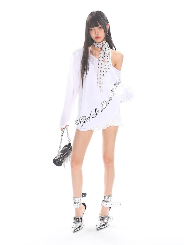 Lazy Casual Off-Shoulder T-Shirt for Women, Loose Fit Letter Design Top for Spring and Summer, Y2K Style Fashion