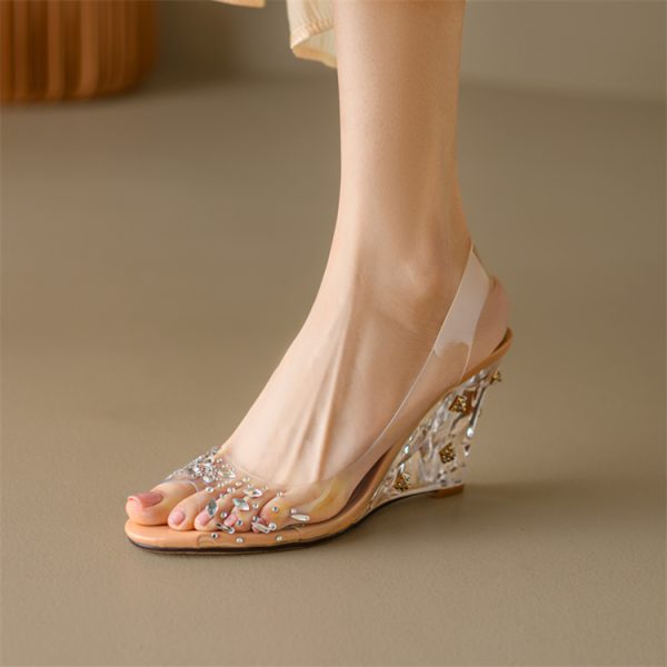 Leg-Lengthening Transparent Peep-Toe Wedge High Heels Fairy-Style Crystal Sandals for a Chic Italian Look