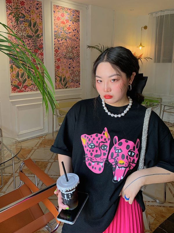 Leopard Head Printed T-Shirt for Women, Short Sleeve, Loose Mid-Length Top, Spring Summer Fashion, Casual Style, Y2K Trend
