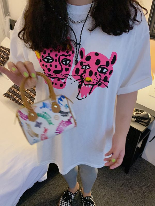 Leopard Head Printed T-Shirt for Women, Short Sleeve, Loose Mid-Length Top, Spring Summer Fashion, Casual Style, Y2K Trend