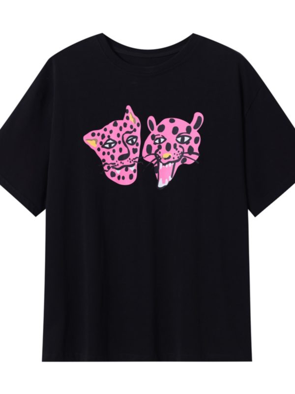 Leopard Head Printed T-Shirt for Women, Short Sleeve, Loose Mid-Length Top, Spring Summer Fashion, Casual Style, Y2K Trend