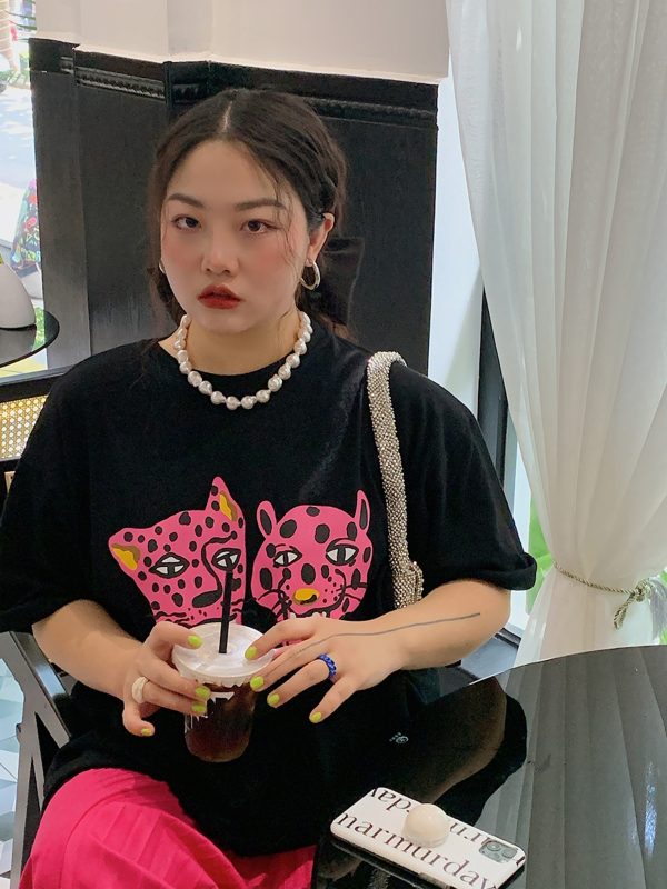 Leopard Head Printed T-Shirt for Women, Short Sleeve, Loose Mid-Length Top, Spring Summer Fashion, Casual Style, Y2K Trend