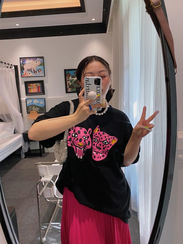 Leopard Head Printed T-Shirt for Women, Short Sleeve, Loose Mid-Length Top, Spring Summer Fashion, Casual Style, Y2K Trend