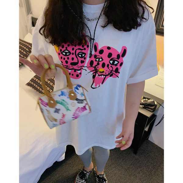Leopard Head Printed T-Shirt for Women, Short Sleeve, Loose Mid-Length Top, Spring Summer Fashion, Casual Style, Y2K Trend