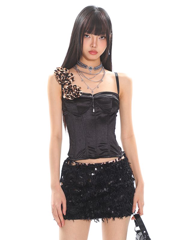 Leopard Print Floral Fishbone Corset Slim Fit Satin Tank Top for Women - Summer Fashion Essential, Y2K Style