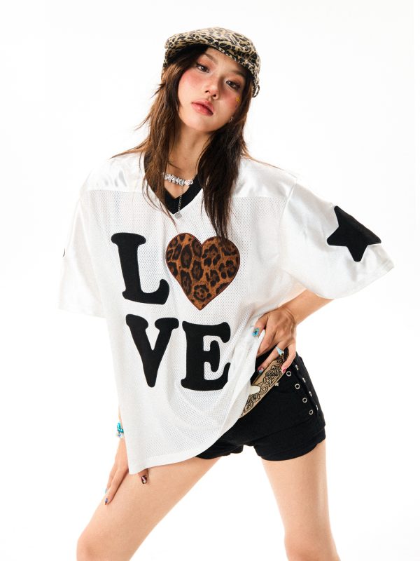 Leopard Print Heart Short Sleeve T-Shirt for Women - Summer Mesh Breathable Jersey, Loose Versatile Top, Y2K Style