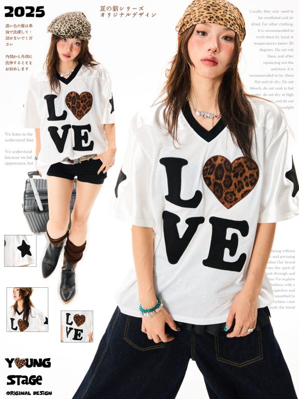 Leopard Print Heart Short Sleeve T-Shirt for Women - Summer Mesh Breathable Jersey, Loose Versatile Top, Y2K Style