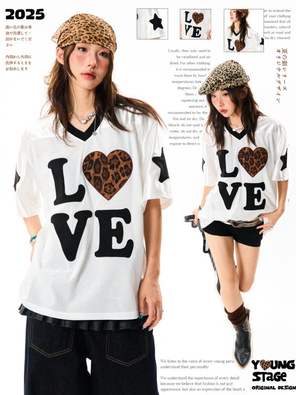 Leopard Print Heart Short Sleeve T-Shirt for Women - Summer Mesh Breathable Jersey, Loose Versatile Top, Y2K Style