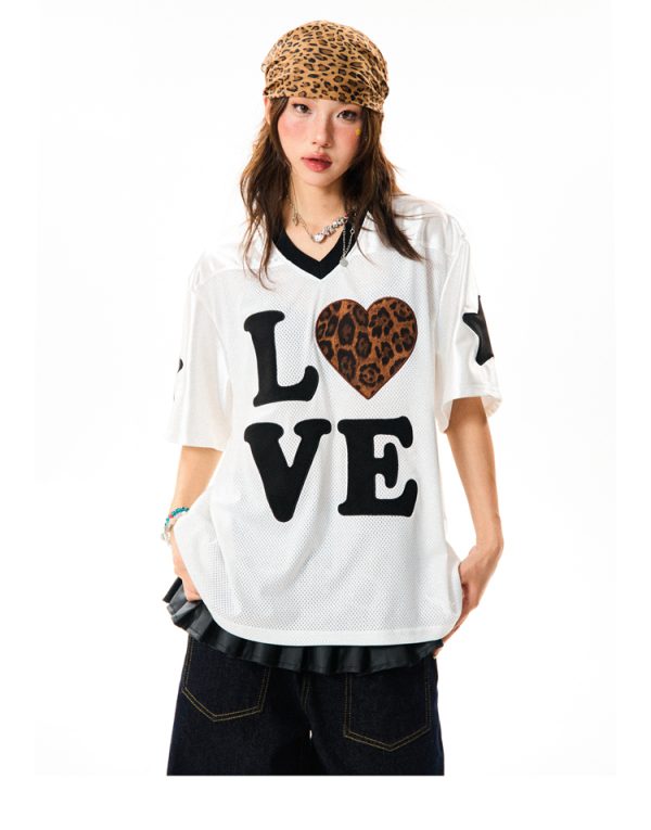 Leopard Print Heart Short Sleeve T-Shirt for Women - Summer Mesh Breathable Jersey, Loose Versatile Top, Y2K Style