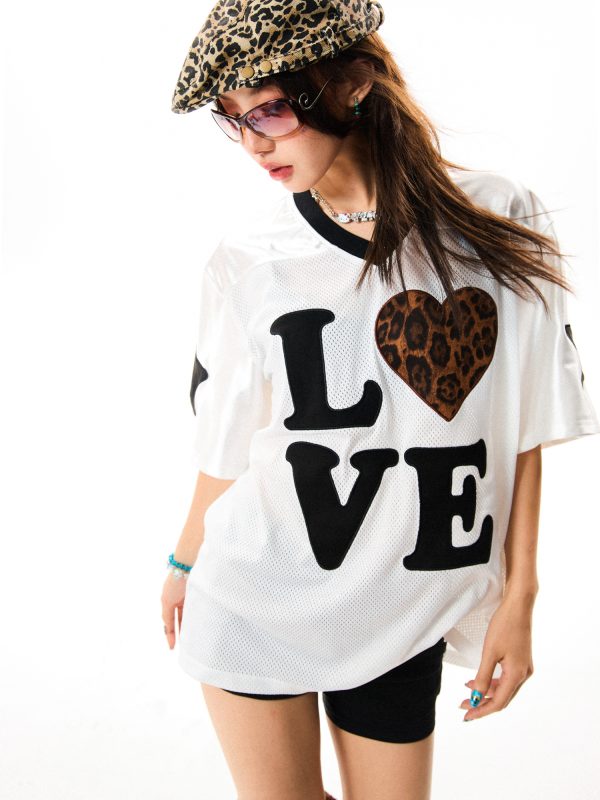 Leopard Print Heart Short Sleeve T-Shirt for Women - Summer Mesh Breathable Jersey, Loose Versatile Top, Y2K Style