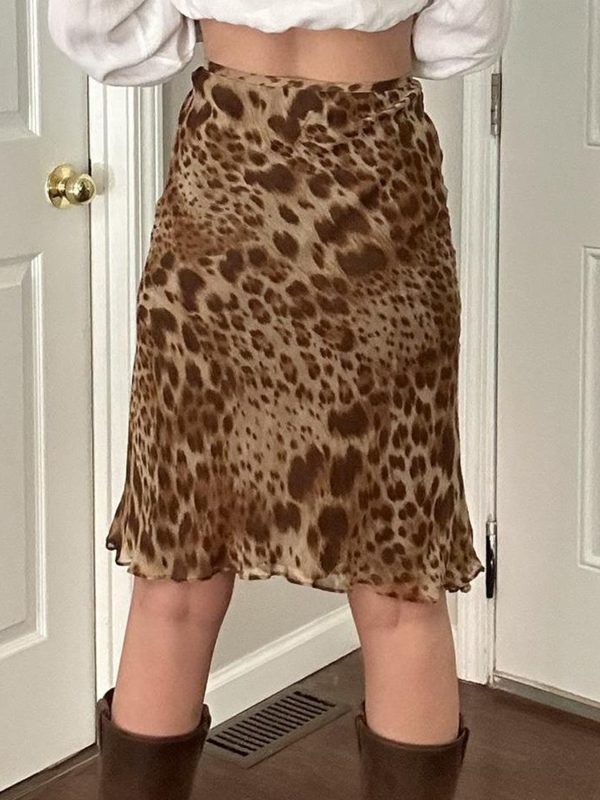 Leopard Print Mesh Skirt - Vintage Prairie Style Women's Straight Skirt, Niche Half Skirt, Boho Chic Fashion, 90s Inspired