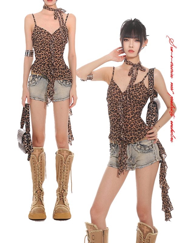 Leopard Print Sexy Mesh Ruffled Strap Tank Top - 2025 Spring/Summer Niche Fashion for Bold Style