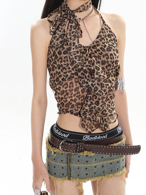 Leopard Print Sexy Mesh Ruffled Strap Tank Top - 2025 Spring/Summer Niche Fashion for Bold Style