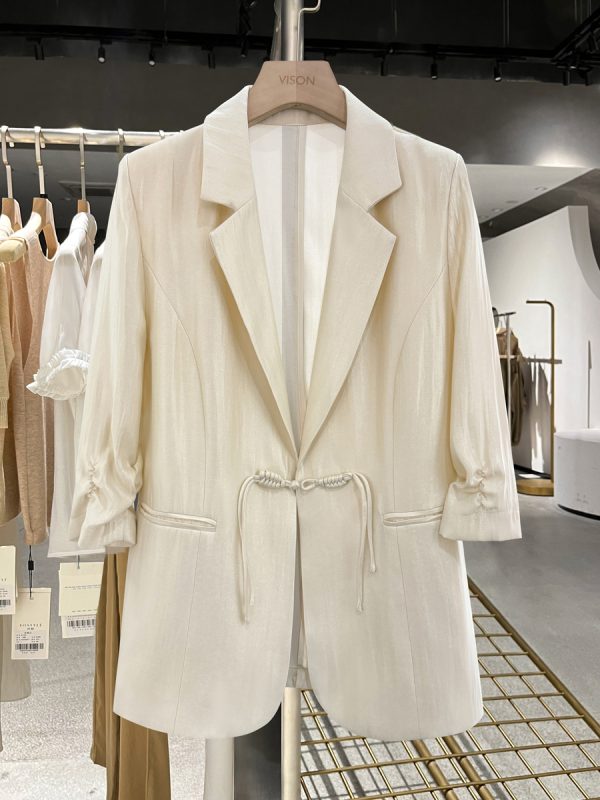 Light Beige Chinese Style Women's Suit Jacket - Thin Draped Fashionable Trendy Summer 2025 Small Suit for Elegant Looks