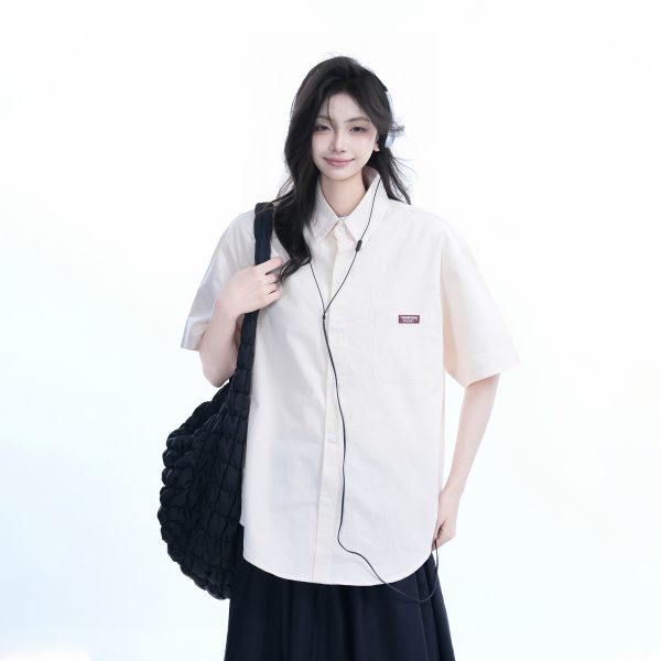 Light Blue Korean-Style Short Sleeve Shirt for Women - Summer Loose Fit Casual College Top with Quote Design