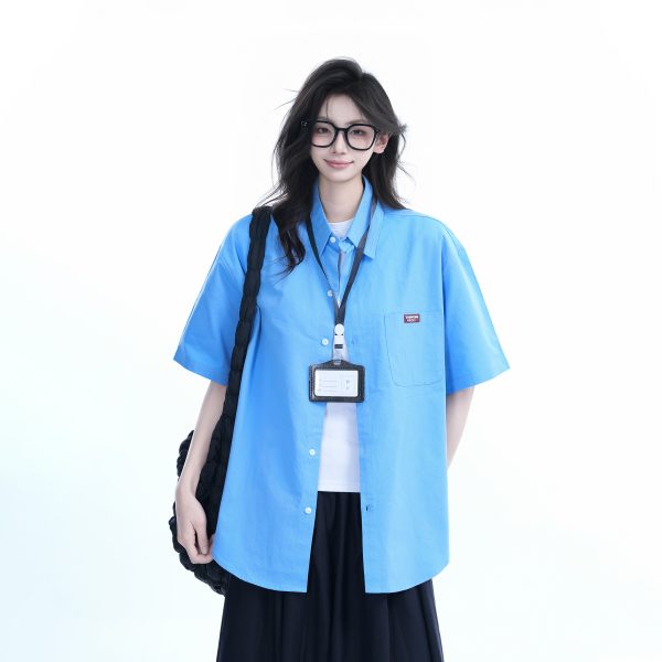 Light Blue Korean-Style Short Sleeve Shirt for Women - Summer Loose Fit Casual College Top with Quote Design