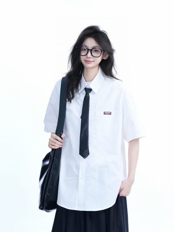 Light Blue Korean-Style Short Sleeve Shirt for Women - Summer Loose Fit Casual College Top with Quote Design