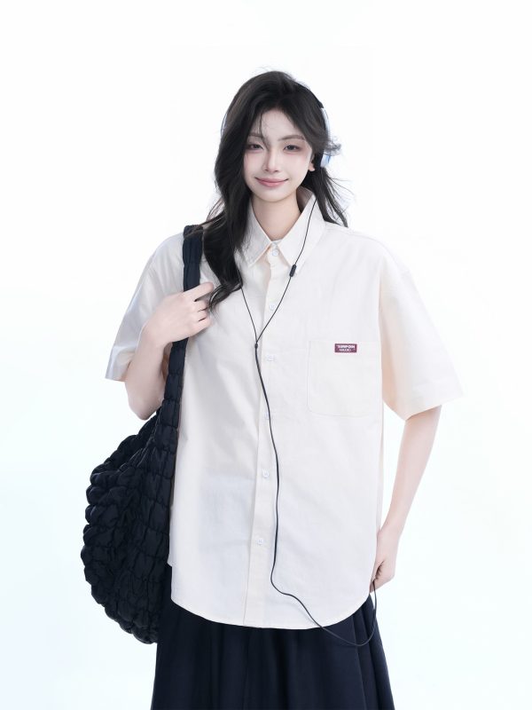 Light Blue Korean-Style Short Sleeve Shirt for Women - Summer Loose Fit Casual College Top with Quote Design