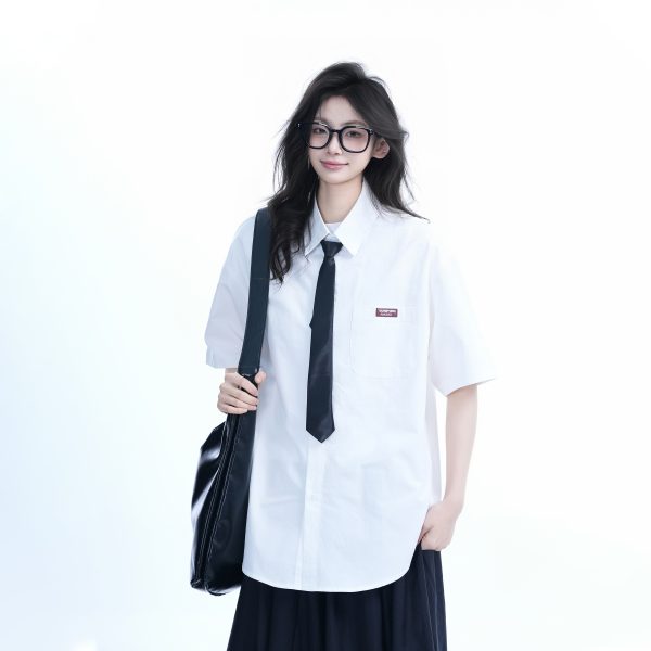 Light Blue Korean-Style Short Sleeve Shirt for Women - Summer Loose Fit Casual College Top with Quote Design