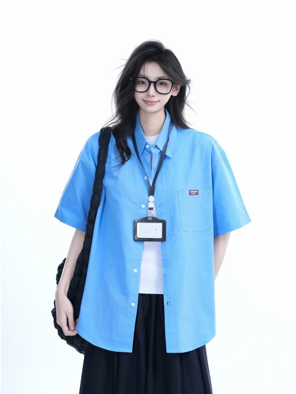 Light Blue Korean-Style Short Sleeve Shirt for Women - Summer Loose Fit Casual College Top with Quote Design
