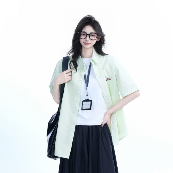 Light Blue Korean-Style Short Sleeve Shirt for Women - Summer Loose Fit Casual College Top with Quote Design