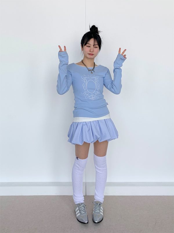 Light Blue Lace Trim Ballet-Style Round Neck Long Sleeve Women's T-Shirt - Vintage-Inspired, Y2K Fashion Top
