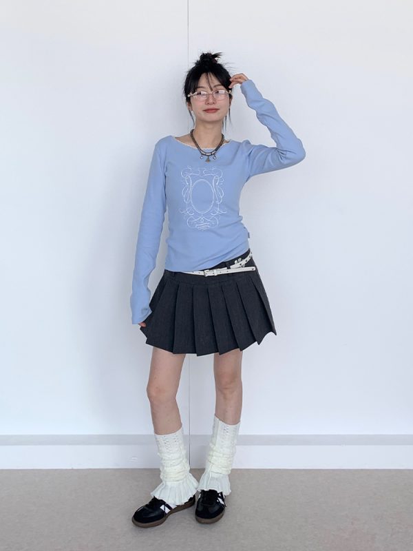 Light Blue Lace Trim Ballet-Style Round Neck Long Sleeve Women's T-Shirt - Vintage-Inspired, Y2K Fashion Top