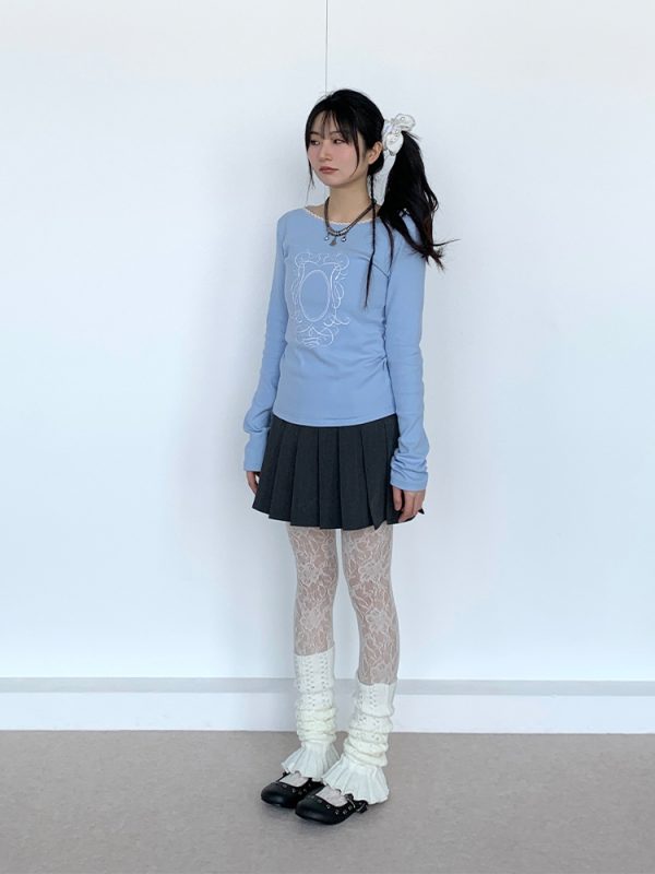 Light Blue Lace Trim Ballet-Style Round Neck Long Sleeve Women's T-Shirt - Vintage-Inspired, Y2K Fashion Top