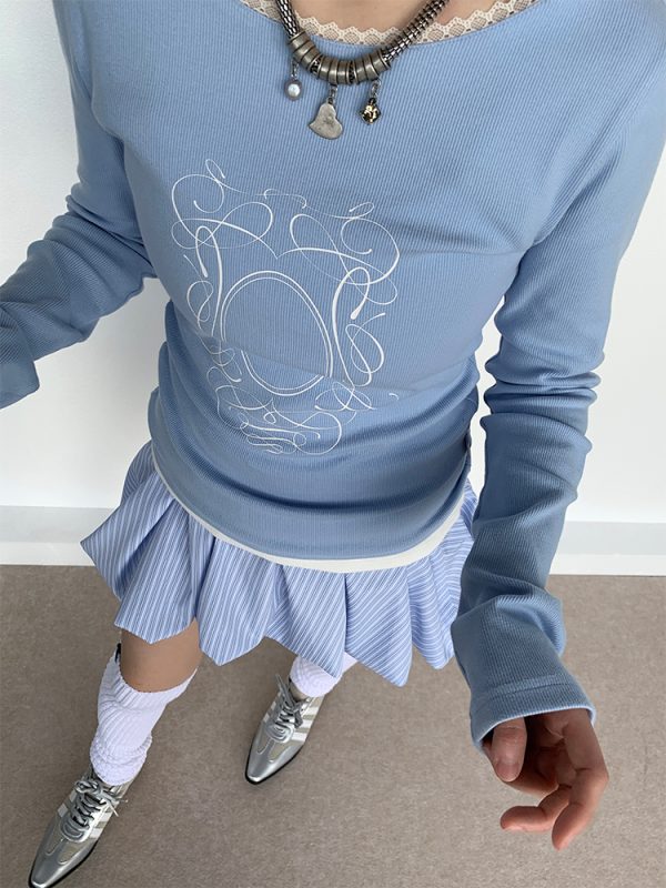 Light Blue Lace Trim Ballet-Style Round Neck Long Sleeve Women's T-Shirt - Vintage-Inspired, Y2K Fashion Top