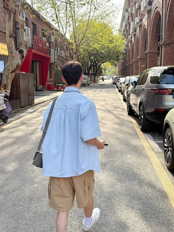 Light Blue Multi-Pocket Short Sleeve Shirt for Men and Women - Casual Loose Summer Workwear Top