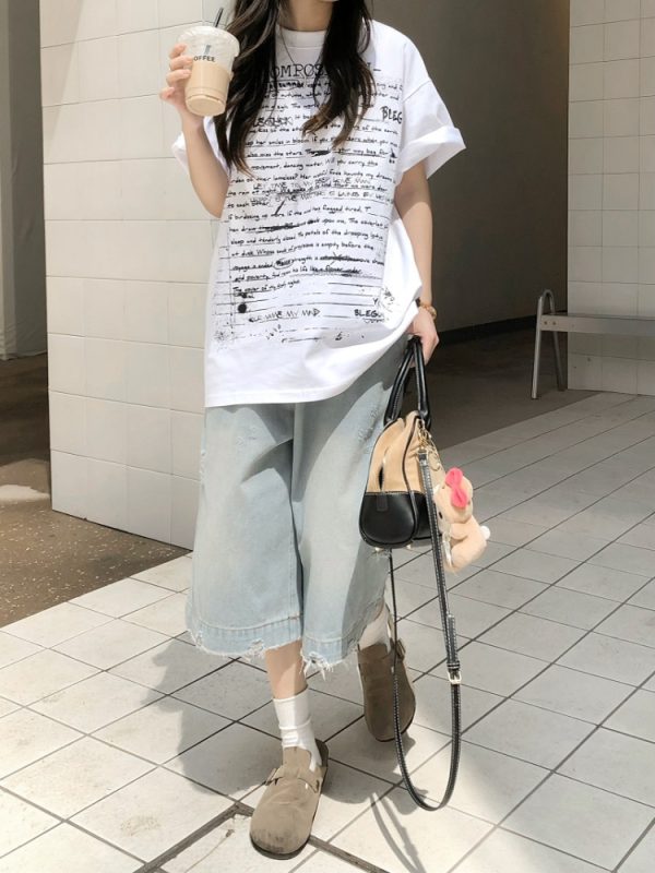 Light Blue Ripped Cropped Jeans for Men & Women - Retro American Style Summer Hip-Hop Loose Shorts Trend