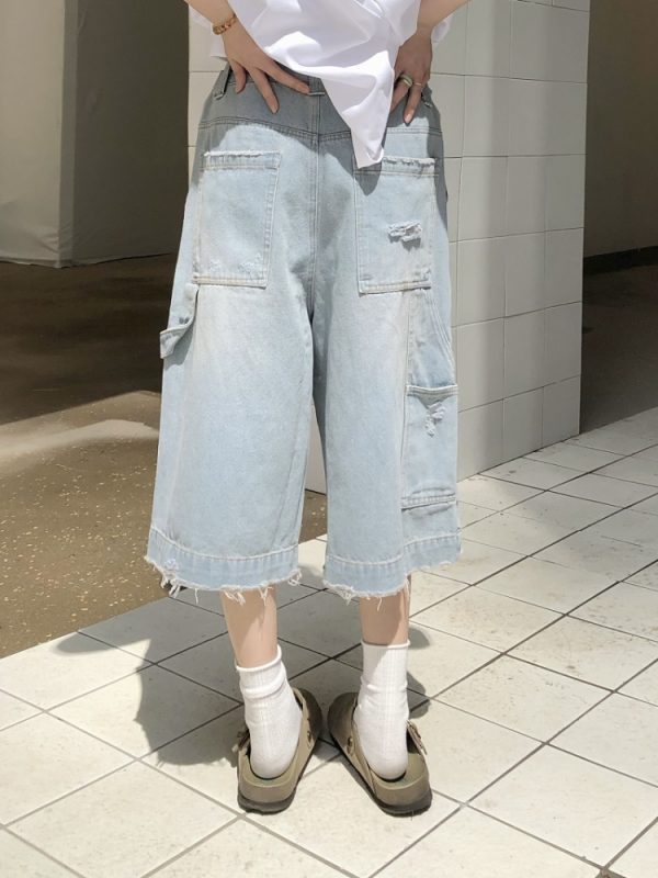 Light Blue Ripped Cropped Jeans for Men & Women - Retro American Style Summer Hip-Hop Loose Shorts Trend